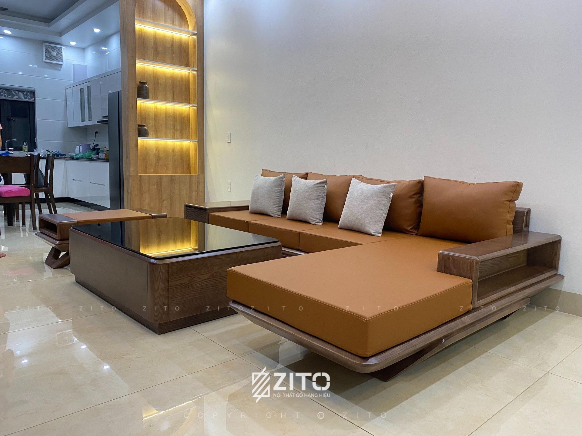 Bàn giao thực tế sofa gỗ chữ L nhà khách